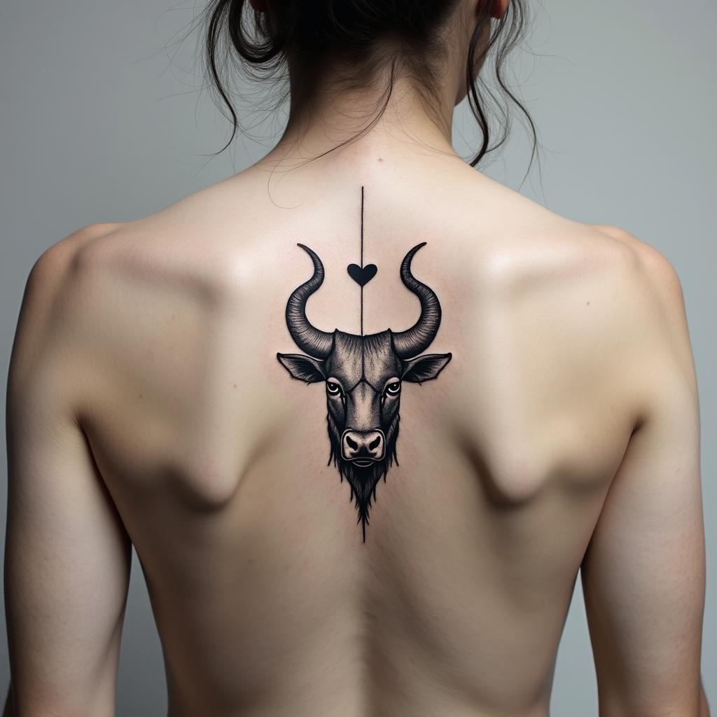 Taurus bullin Modest style tattoo, featuring soft, delicate line work with simple and meaningful symbols, gentle waves, a heart, evoking a sense of serenity and grace,