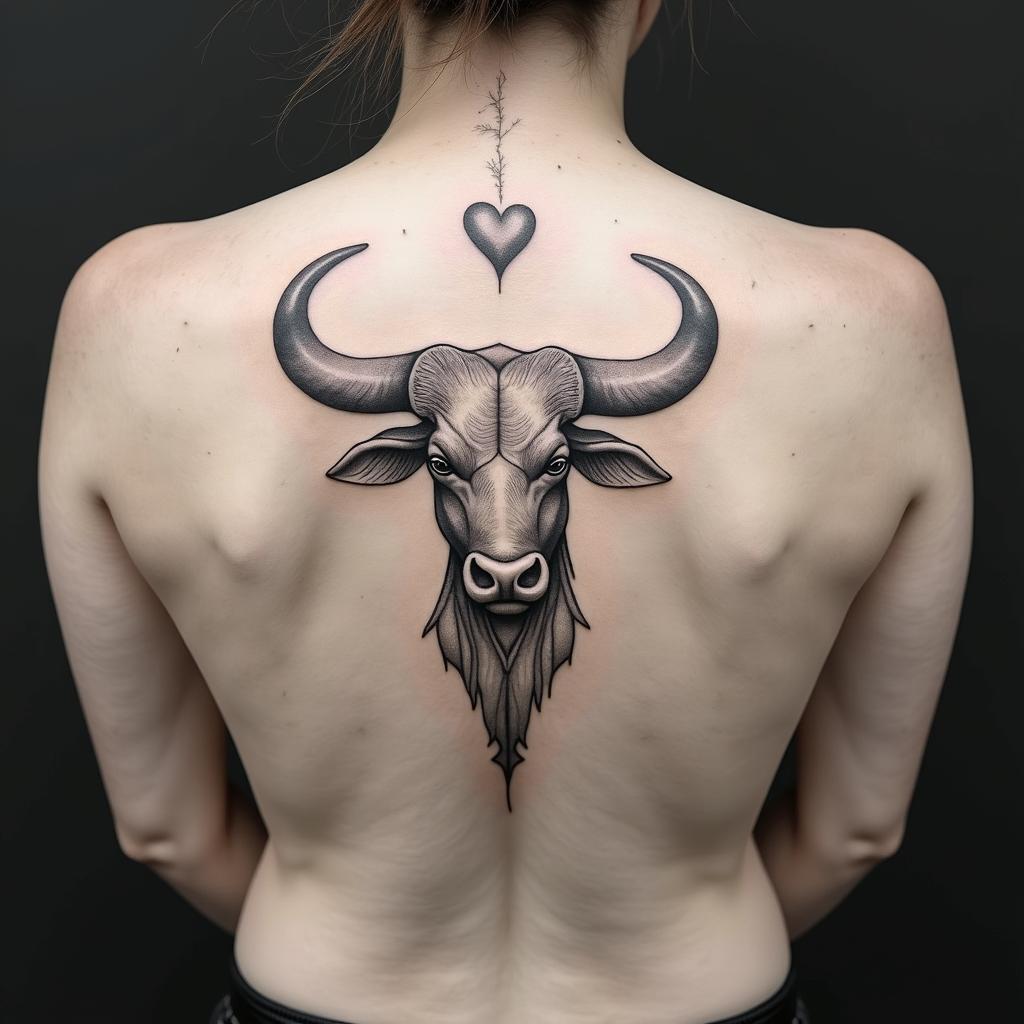 Taurus bullin Modest style tattoo, featuring soft, delicate line work with simple and meaningful symbols, gentle waves, a heart, evoking a sense of serenity and grace, - Variation 2