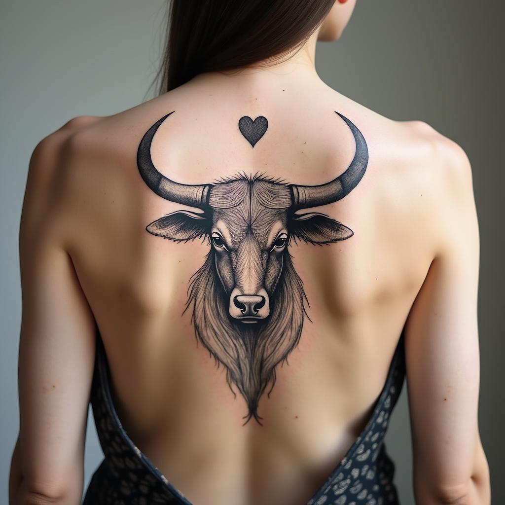 Taurus bullin Modest style tattoo, featuring soft, delicate line work with simple and meaningful symbols, gentle waves, a heart, evoking a sense of serenity and grace, - Variation 3