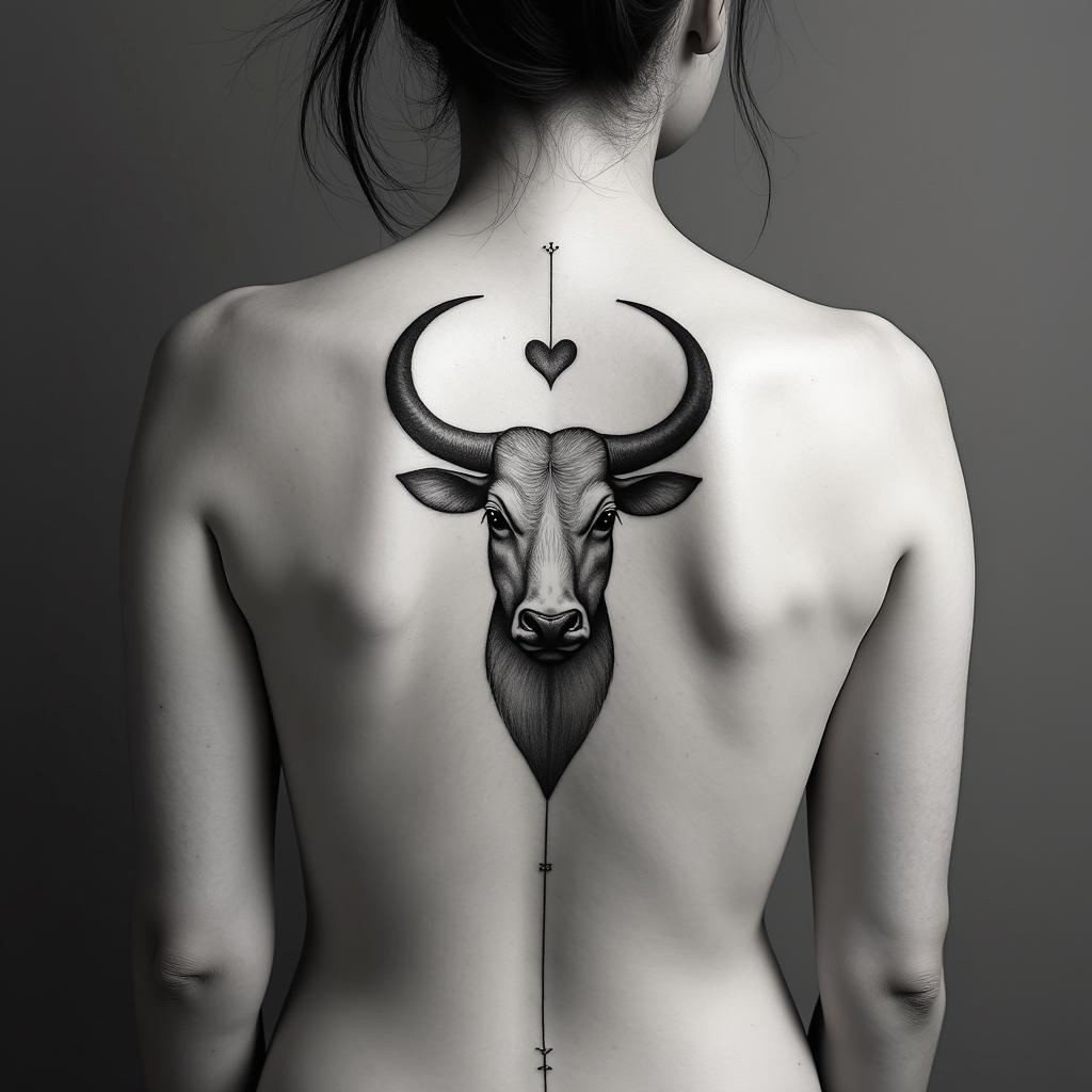 Taurus bullin Modest style tattoo, featuring soft, delicate line work with simple and meaningful symbols, gentle waves, a heart, evoking a sense of serenity and grace, - Variation 4