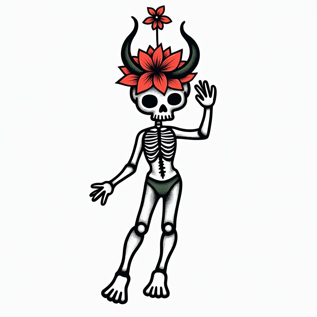 Skull and hibiscus flower hang looseabstract dancing figures in Keith Haring style, featuring bold black outlines and solid color fills, figures posed in dynamic and playful dance movements, minimalist design - Variation 3