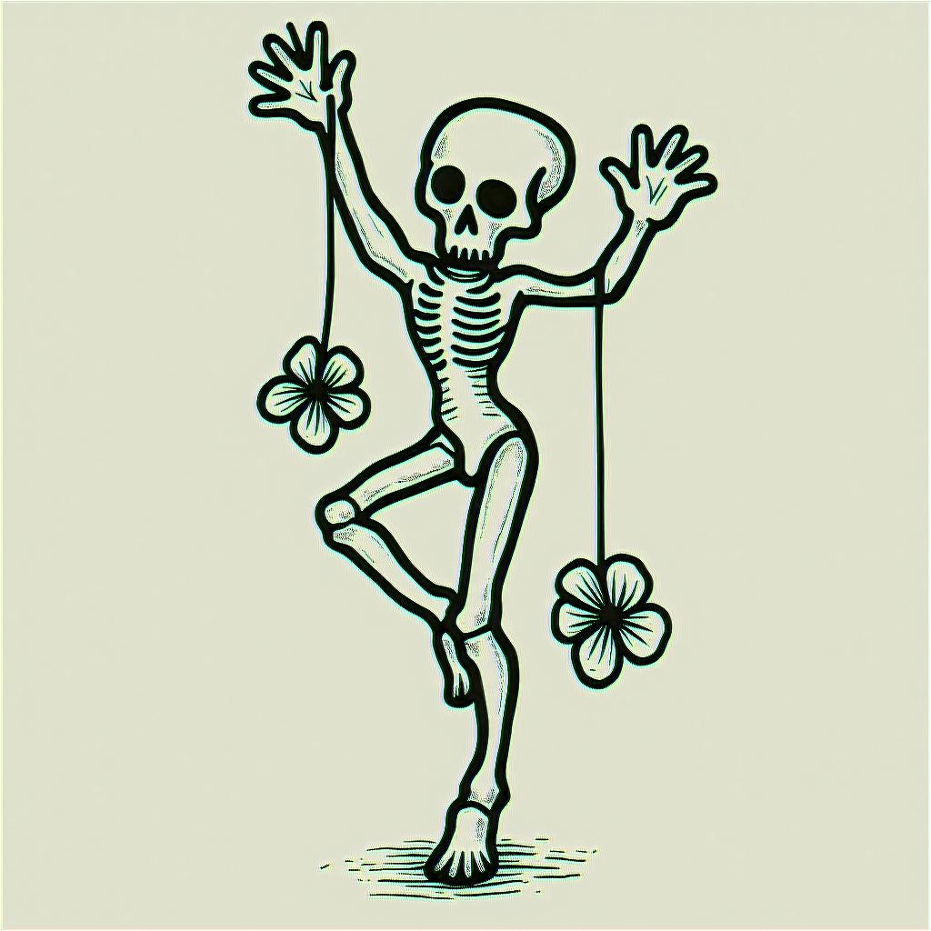 Skull and hibiscus flower hang looseabstract dancing figures in Keith Haring style, featuring bold black outlines and solid color fills, figures posed in dynamic and playful dance movements, minimalist design - Variation 4