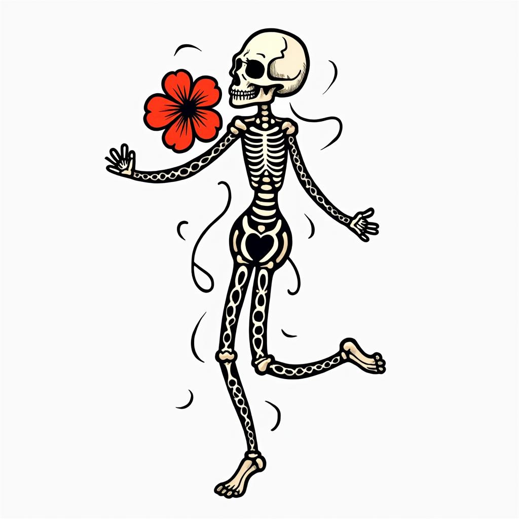 Skull and hibiscus flower hang looseabstract dancing figures in Keith Haring style, featuring bold black outlines and solid color fills, figures posed in dynamic and playful dance movements, minimalist design - Variation 2