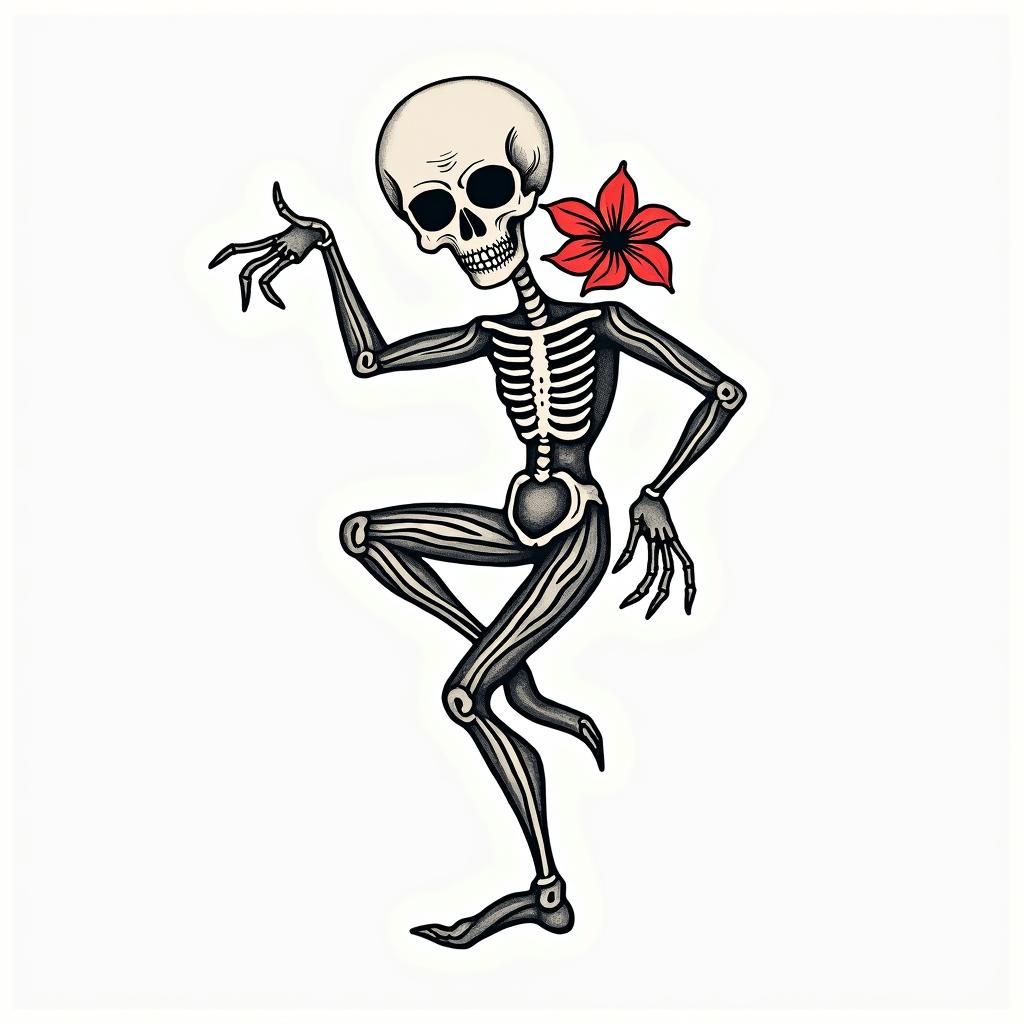 Skull and hibiscus flower hang looseabstract dancing figures in Keith Haring style, featuring bold black outlines and solid color fills, figures posed in dynamic and playful dance movements, minimalist design