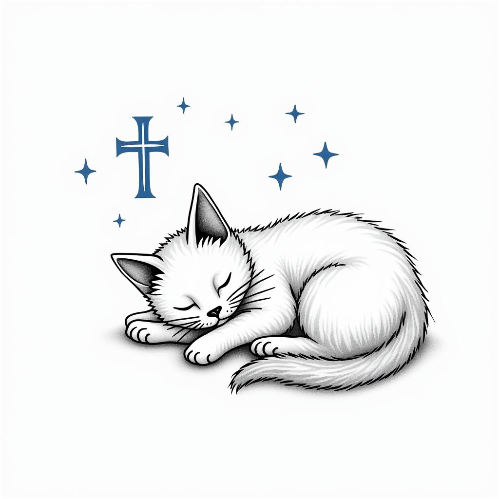 A line art tattoo of a sleeping cat named Goose, with a blue color accent on stars surrounding her. Include a simple cross integrated into the design, symbolizing a deep bond and love. The overall feel is serene and heartfelt, capturing the essence of a beloved pet and best friend.higly detailed tattoo