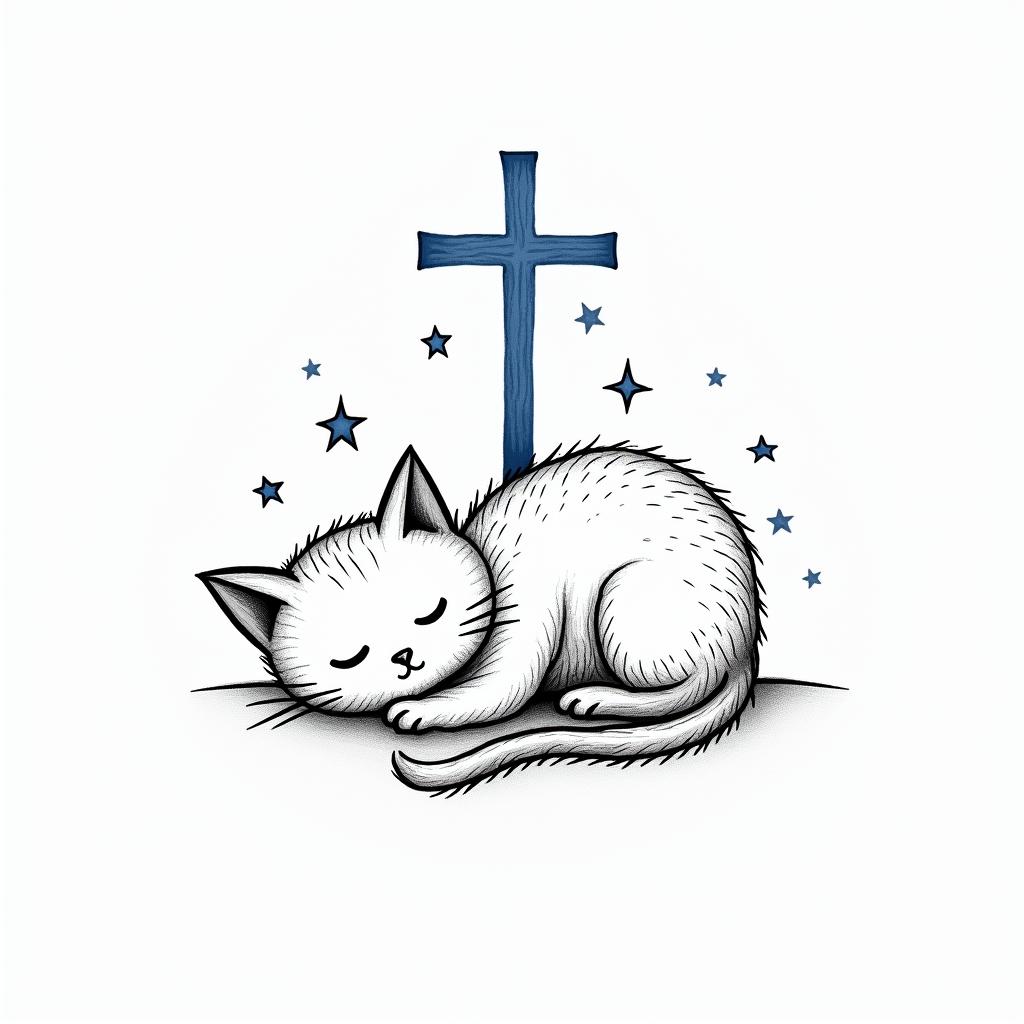 A line art tattoo of a sleeping cat named Goose, with a blue color accent on stars surrounding her. Include a simple cross integrated into the design, symbolizing a deep bond and love. The overall feel is serene and heartfelt, capturing the essence of a beloved pet and best friend.higly detailed tattoo - Variation 2