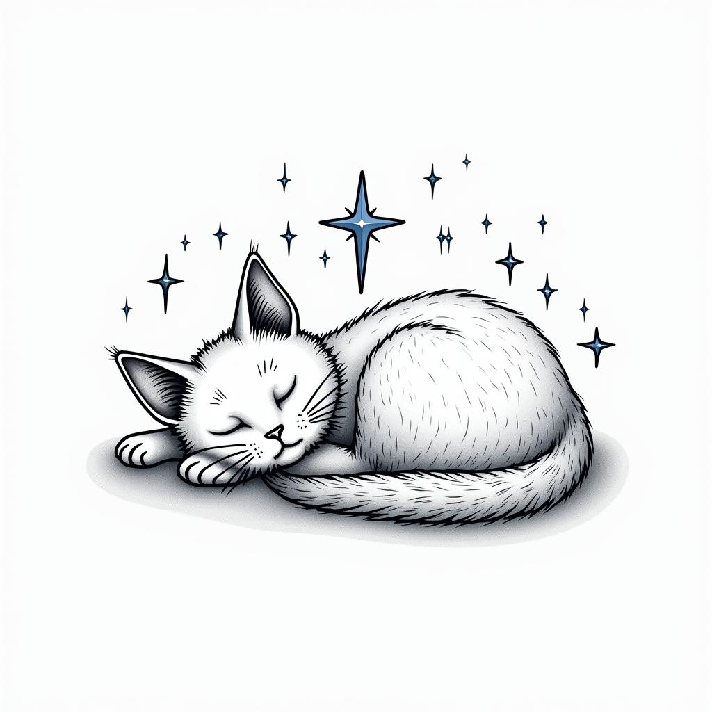 A line art tattoo of a sleeping cat named Goose, with a blue color accent on stars surrounding her. Include a simple cross integrated into the design, symbolizing a deep bond and love. The overall feel is serene and heartfelt, capturing the essence of a beloved pet and best friend.higly detailed tattoo - Variation 3