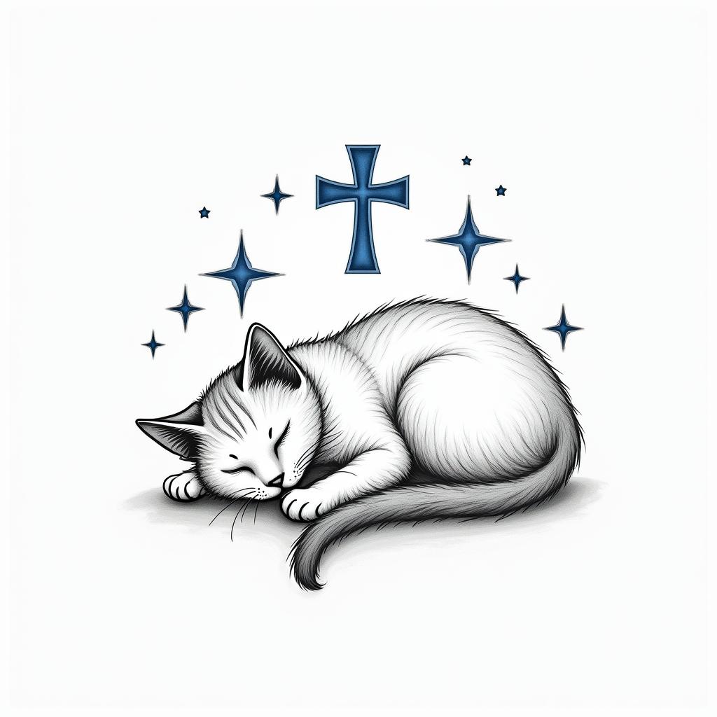 A line art tattoo of a sleeping cat named Goose, with a blue color accent on stars surrounding her. Include a simple cross integrated into the design, symbolizing a deep bond and love. The overall feel is serene and heartfelt, capturing the essence of a beloved pet and best friend.higly detailed tattoo - Variation 4