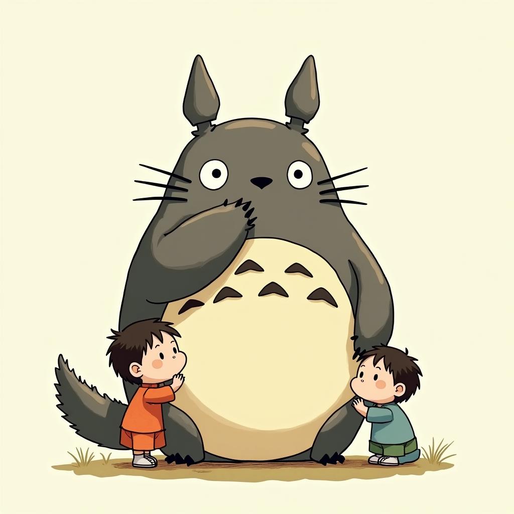 Totoro eating kidsGhibli, Studio Ghibli aesthetic, hand-drawn anime style, retro nostalgic atmosphere, retro soft pastel color palette with earthy tones, retro Japanese cinematic shot, yellow tint effect, bald character, smooth surface, anime shadow 90's anime style