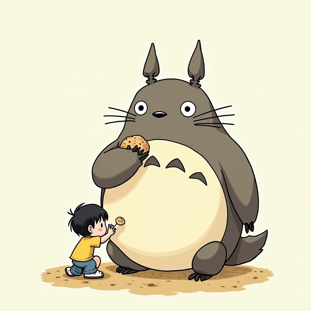 Totoro eating kidsGhibli, Studio Ghibli aesthetic, hand-drawn anime style, retro nostalgic atmosphere, retro soft pastel color palette with earthy tones, retro Japanese cinematic shot, yellow tint effect, bald character, smooth surface, anime shadow 90's anime style - Variation 4