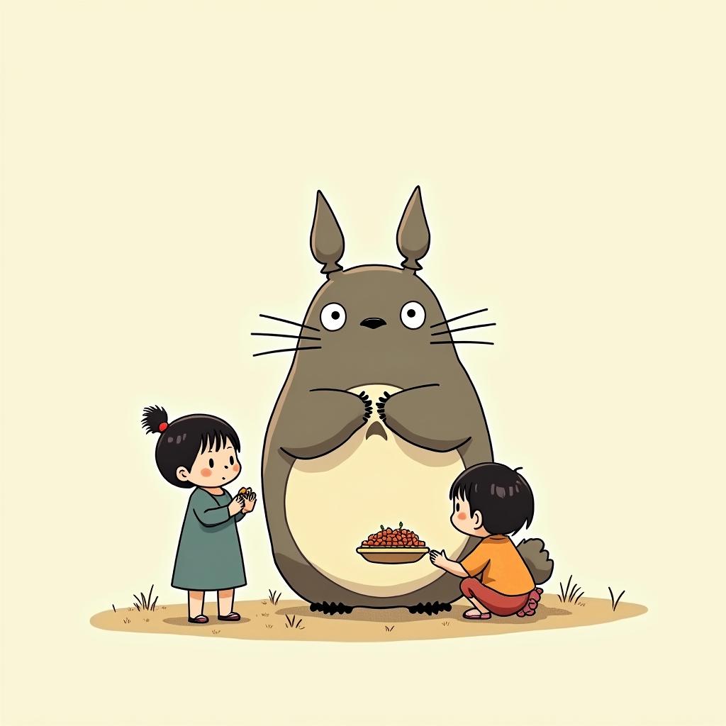 Totoro eating kidsGhibli, Studio Ghibli aesthetic, hand-drawn anime style, retro nostalgic atmosphere, retro soft pastel color palette with earthy tones, retro Japanese cinematic shot, yellow tint effect, bald character, smooth surface, anime shadow 90's anime style - Variation 3