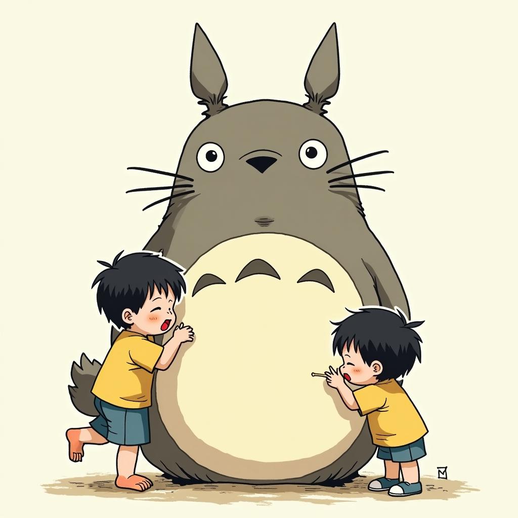 Totoro eating kidsGhibli, Studio Ghibli aesthetic, hand-drawn anime style, retro nostalgic atmosphere, retro soft pastel color palette with earthy tones, retro Japanese cinematic shot, yellow tint effect, bald character, smooth surface, anime shadow 90's anime style - Variation 2
