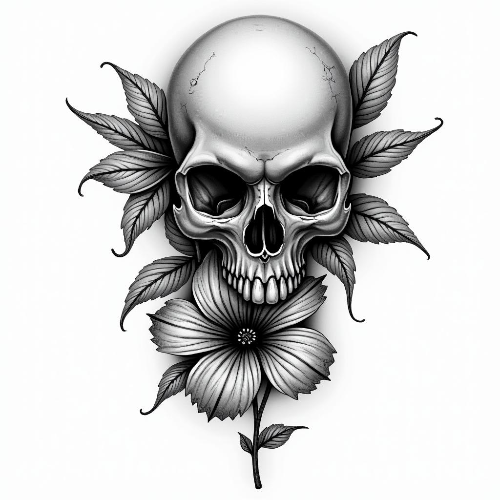 Skull and hibiscus flower hang loose in horror tattoo style, showcasing haunting and unsettling, dark and gritty textures with skulls, eerie faces, jgged designs, bold and intense shading - Variation 2