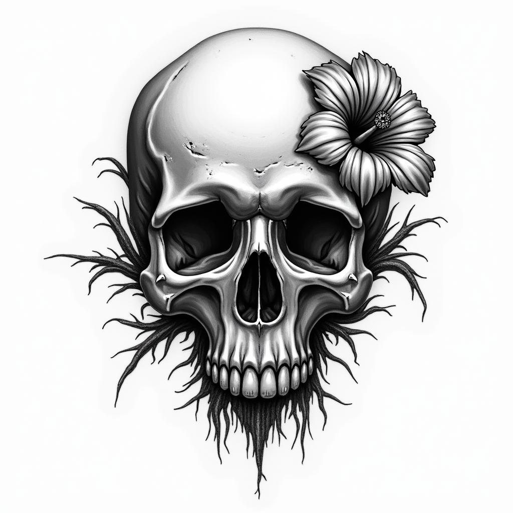 Skull and hibiscus flower hang loose in horror tattoo style, showcasing haunting and unsettling, dark and gritty textures with skulls, eerie faces, jgged designs, bold and intense shading - Variation 4