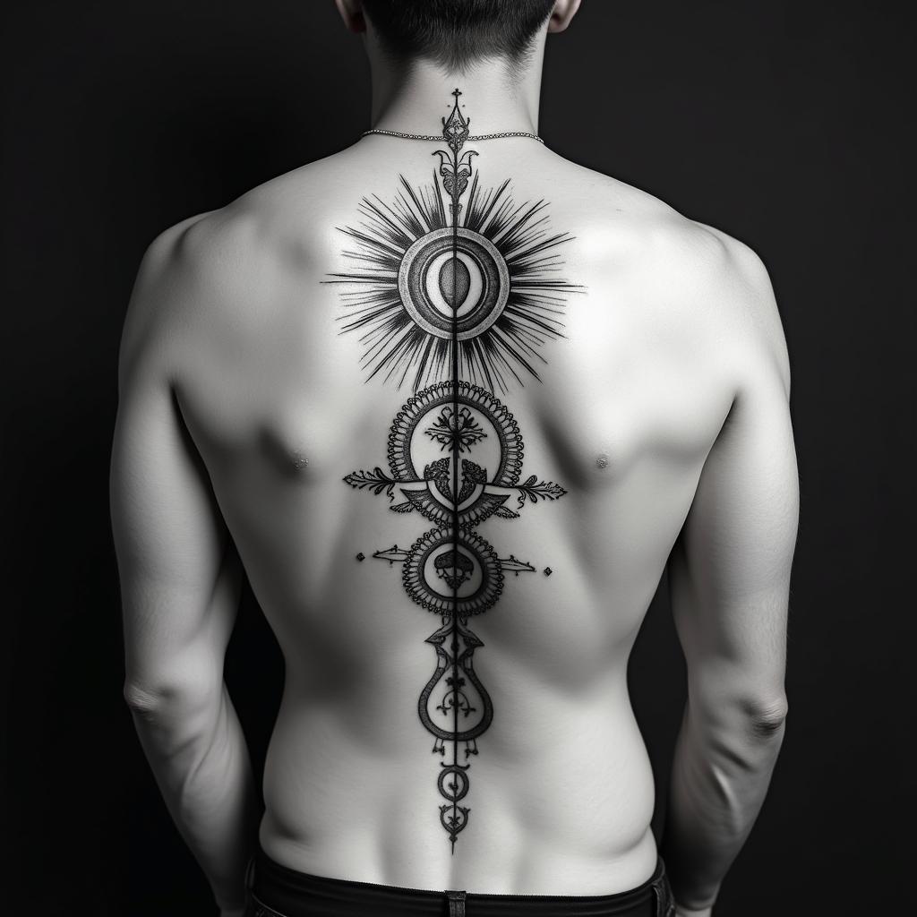 Bielefeld, Sven, 20.4.79in spiritual symbols tattoo style, featuring an intricate design incorporating elements, Hamsa hand, third eye, minimalist composition