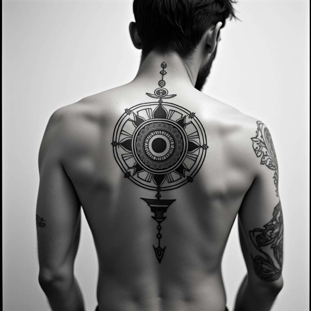 Bielefeld, Sven, 20.4.79in spiritual symbols tattoo style, featuring an intricate design incorporating elements, Hamsa hand, third eye, minimalist composition - Variation 2