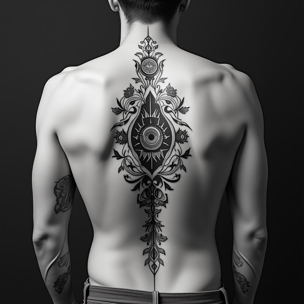 Bielefeld, Sven, 20.4.79in spiritual symbols tattoo style, featuring an intricate design incorporating elements, Hamsa hand, third eye, minimalist composition - Variation 3