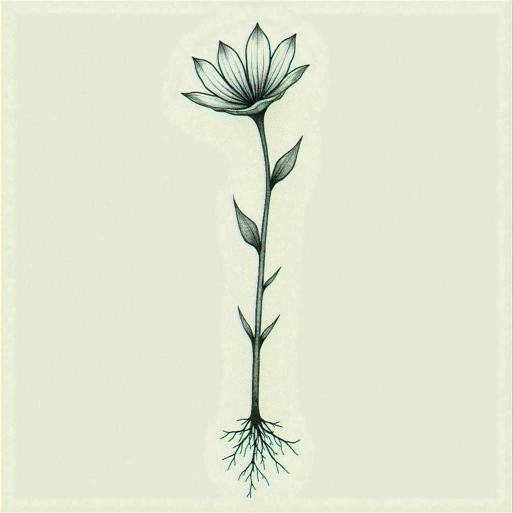 Hysinth with one flower 
with a bulb, include  gentle rootsin minimalist style tattoo, featuring simple shapes and fine lines, with minimal shading and details, tiny triangles, creating a sense of balance and harmony - Variation 4