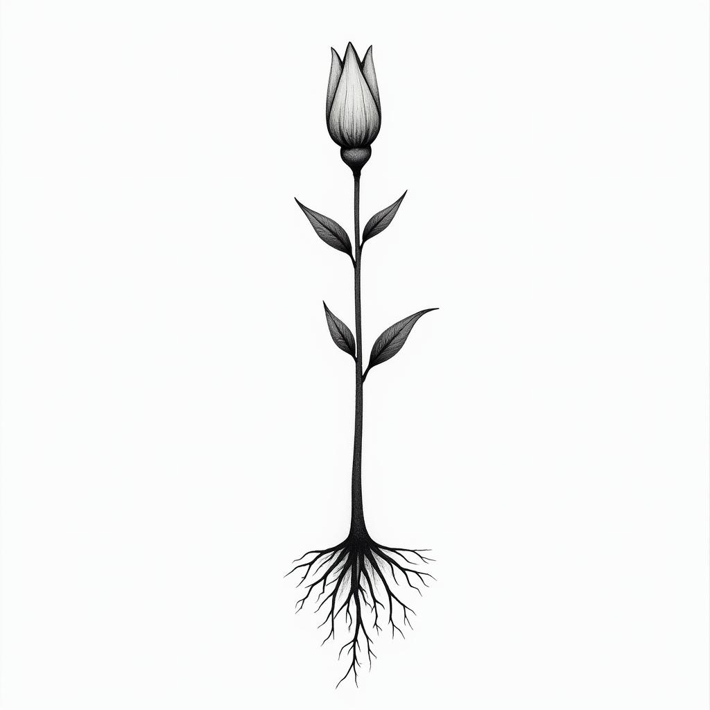 Hysinth with one flower 
with a bulb, include  gentle rootsin minimalist style tattoo, featuring simple shapes and fine lines, with minimal shading and details, tiny triangles, creating a sense of balance and harmony - Variation 2