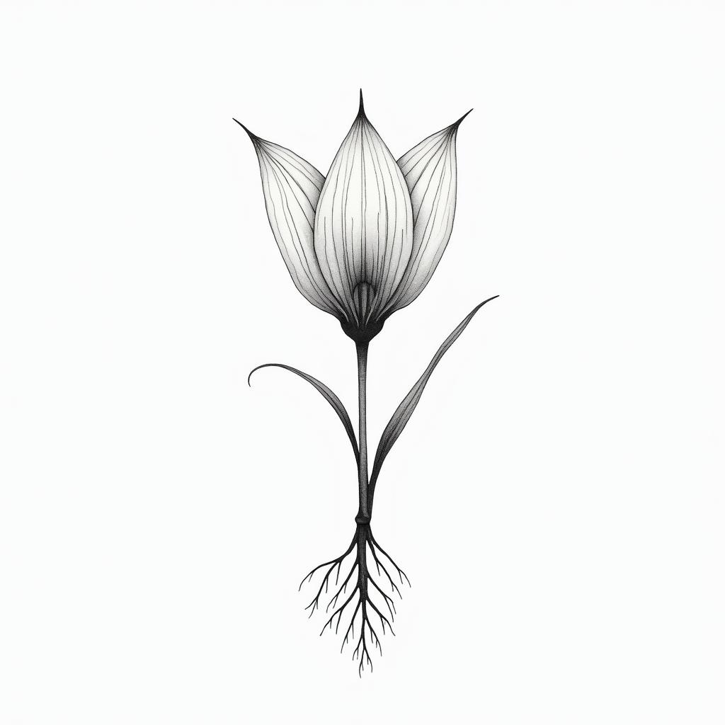 Hysinth with one flower 
with a bulb, include  gentle rootsin minimalist style tattoo, featuring simple shapes and fine lines, with minimal shading and details, tiny triangles, creating a sense of balance and harmony - Variation 3