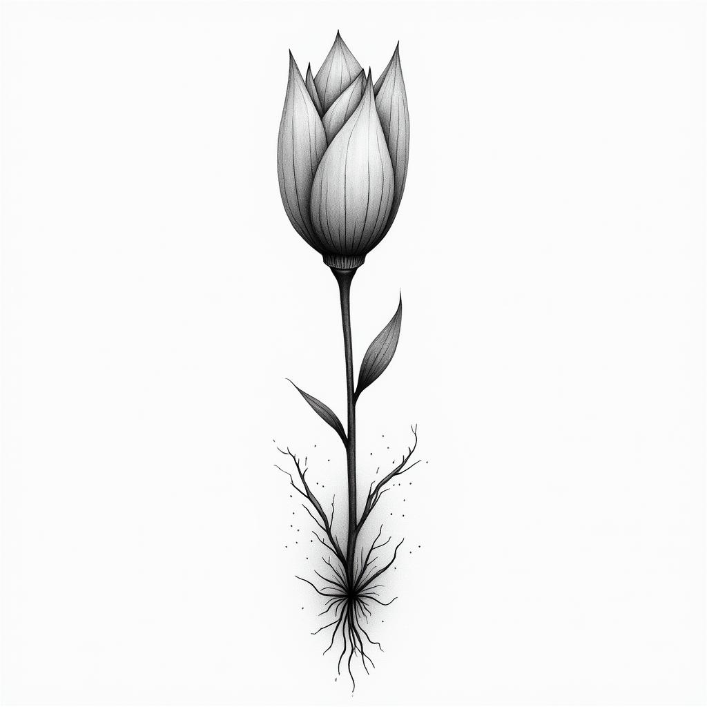 Hysinth with one flower 
with a bulb, include  gentle rootsin minimalist style tattoo, featuring simple shapes and fine lines, with minimal shading and details, tiny triangles, creating a sense of balance and harmony