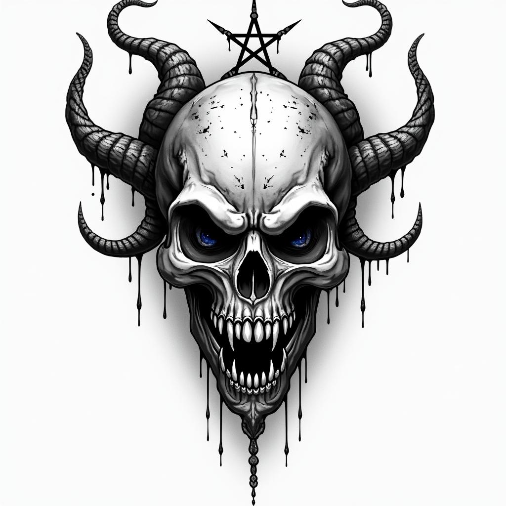 Medusacreepy horror tattoo style, featuring an eerie and unsettling skull of a demonic creature, distorted face with sharp fangs, add pentagram symbol - Variation 7
