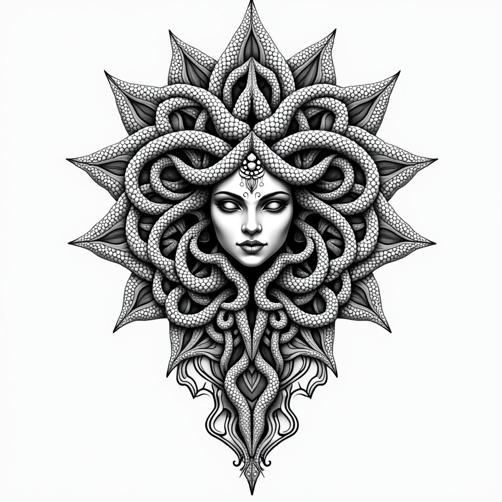 Medusain dotwork style tattoo, complex mandala patterns, interlocking geometric shapes with sharp symmetry, clean lines, sharp angles - Variation 12