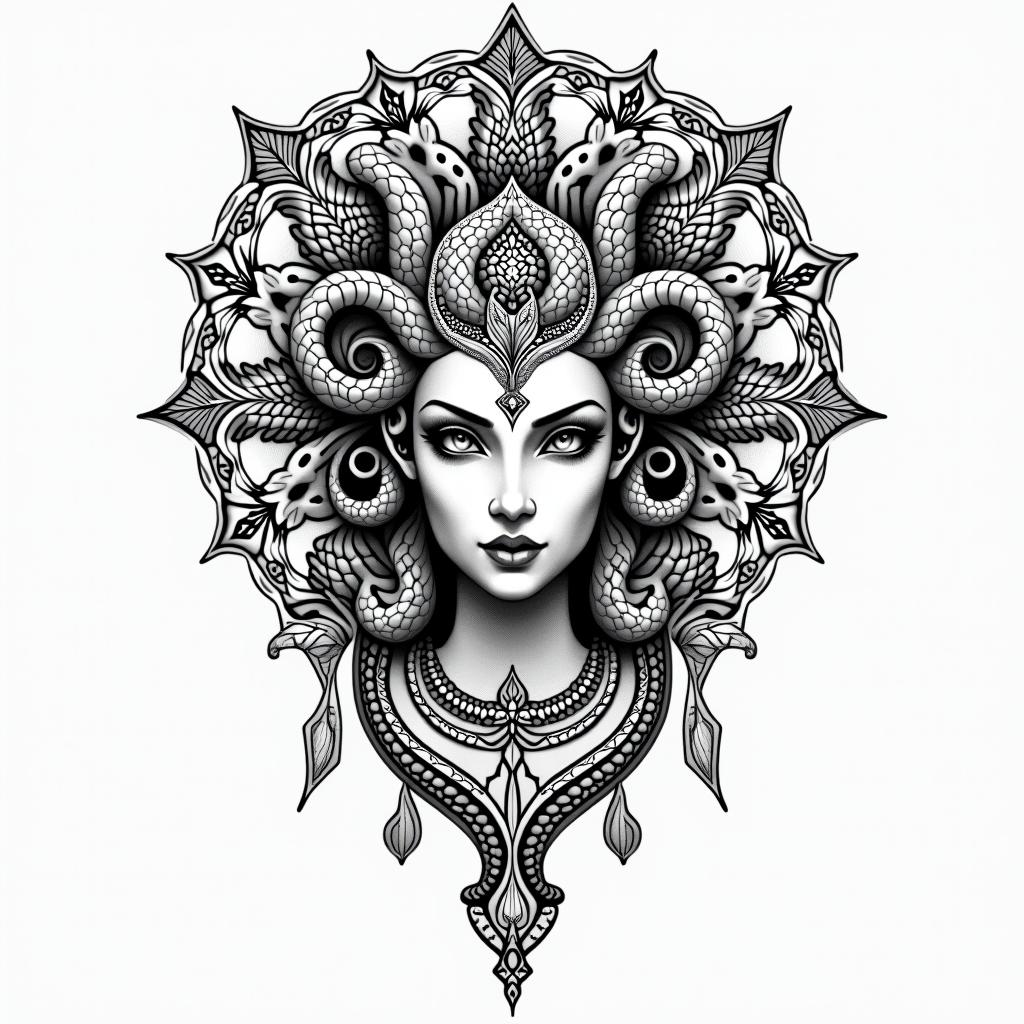 Medusain dotwork style tattoo, complex mandala patterns, interlocking geometric shapes with sharp symmetry, clean lines, sharp angles - Variation 9