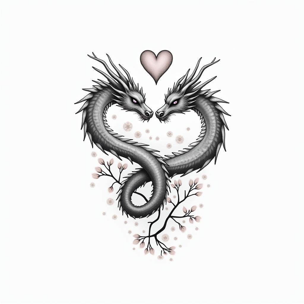 Dragon ox cherry blossom hearts flower petalsin Modest style tattoo, featuring soft, delicate line work with simple and meaningful symbols, gentle waves, a heart, evoking a sense of serenity and grace, - Variation 2