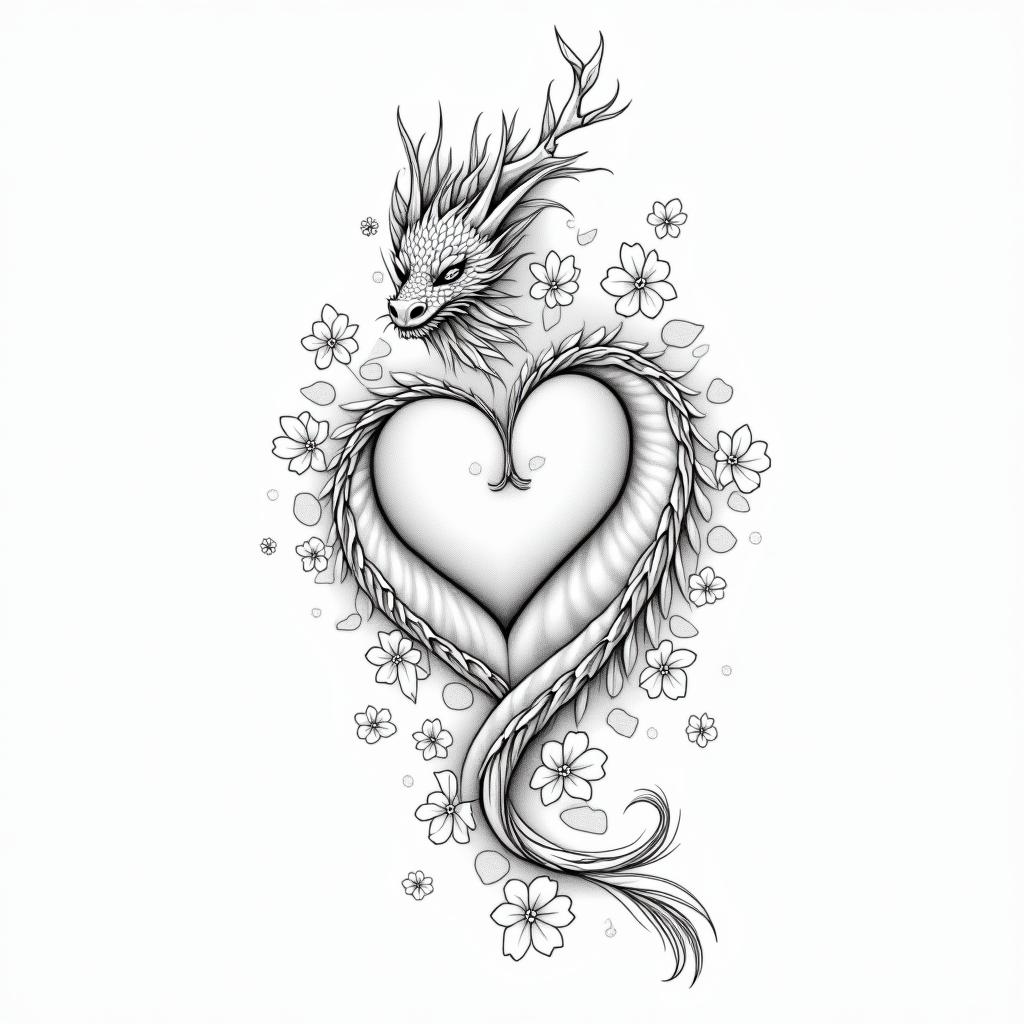 Dragon ox cherry blossom hearts flower petalsin Modest style tattoo, featuring soft, delicate line work with simple and meaningful symbols, gentle waves, a heart, evoking a sense of serenity and grace, - Variation 4