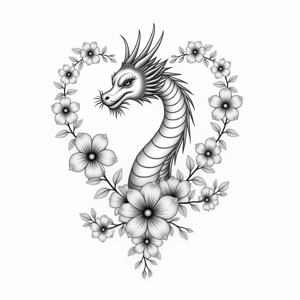 Dragon ox cherry blossom hearts flower petalsin Modest style tattoo, featuring soft, delicate line work with simple and meaningful symbols, gentle waves, a heart, evoking a sense of serenity and grace, - Variation 3