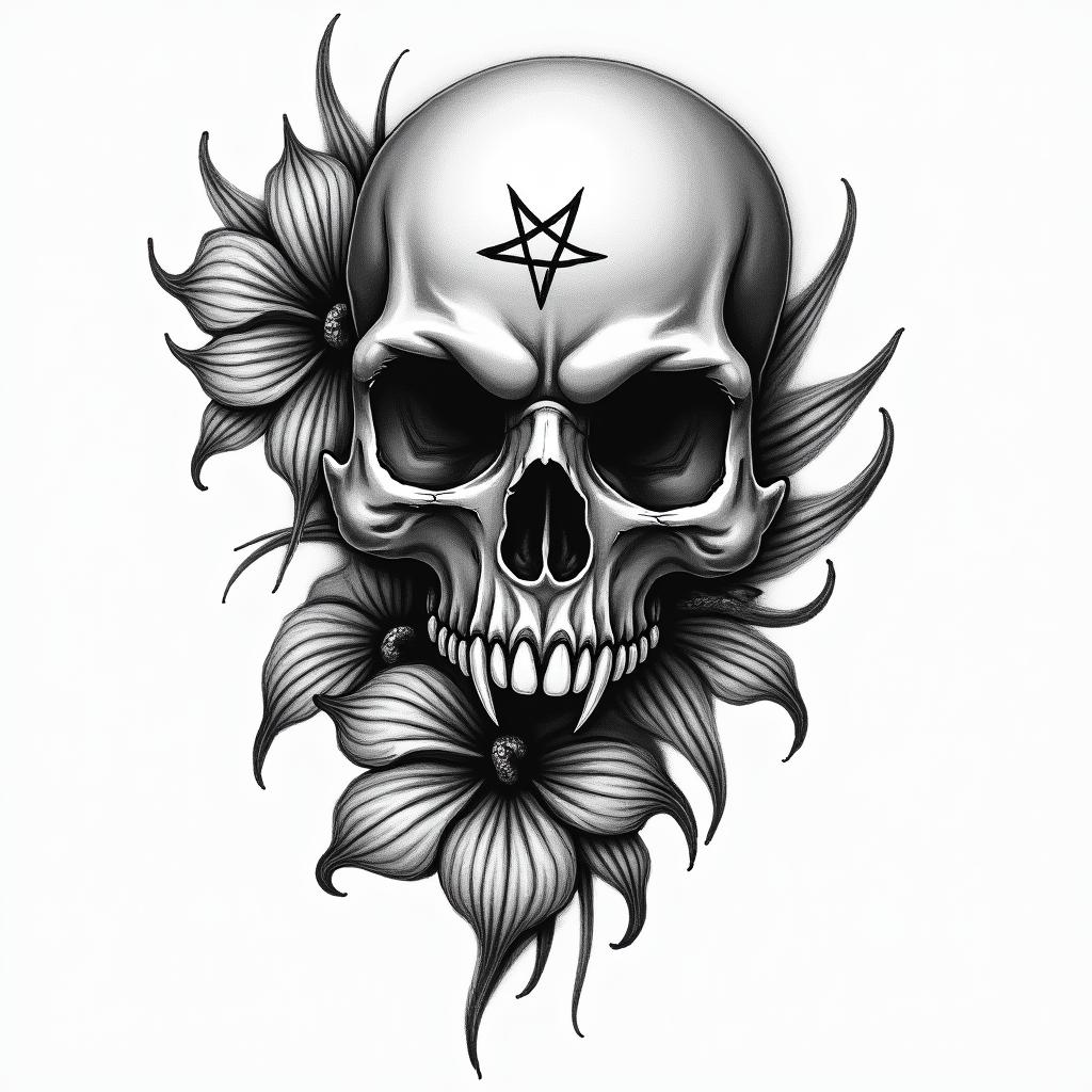 Skull and hibiscus flower hang loosecreepy horror tattoo style, featuring an eerie and unsettling skull of a demonic creature, distorted face with sharp fangs, add pentagram symbol - Variation 3
