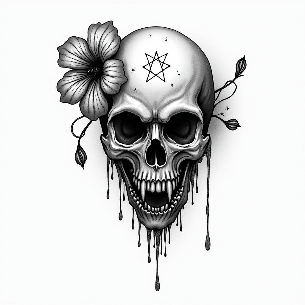 Skull and hibiscus flower hang loosecreepy horror tattoo style, featuring an eerie and unsettling skull of a demonic creature, distorted face with sharp fangs, add pentagram symbol - Variation 2