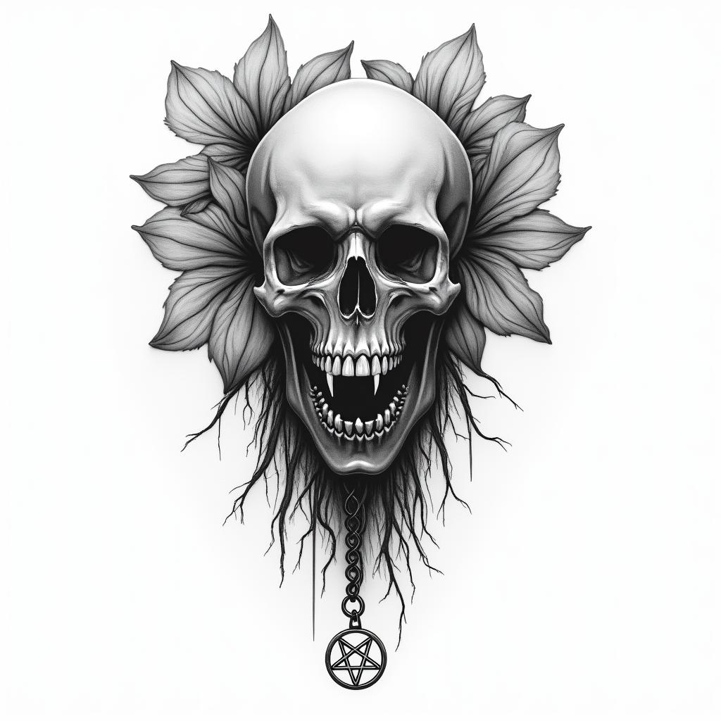 Skull and hibiscus flower hang loosecreepy horror tattoo style, featuring an eerie and unsettling skull of a demonic creature, distorted face with sharp fangs, add pentagram symbol - Variation 4