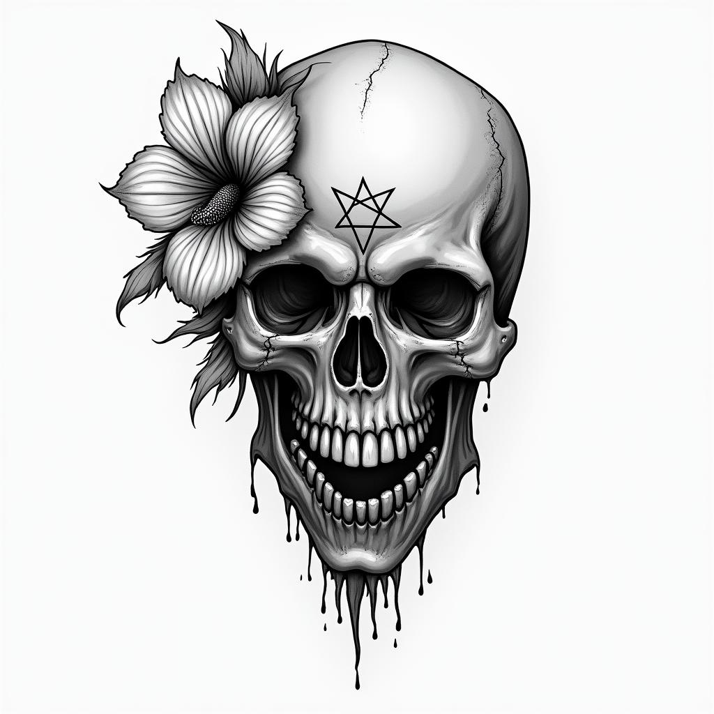Skull and hibiscus flower hang loosecreepy horror tattoo style, featuring an eerie and unsettling skull of a demonic creature, distorted face with sharp fangs, add pentagram symbol