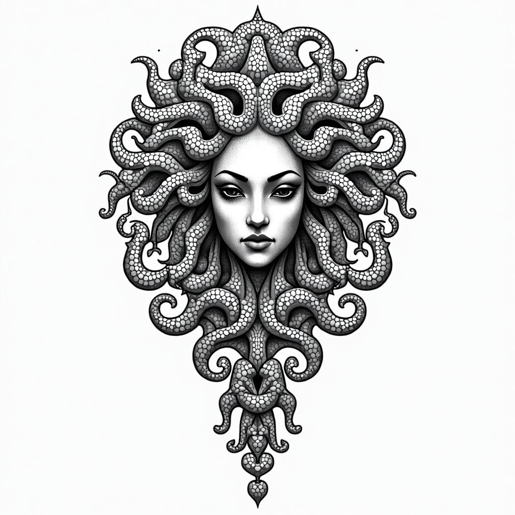 Medusain dotwork style tattoo, complex mandala patterns, interlocking geometric shapes with sharp symmetry, clean lines, sharp angles - Variation 7