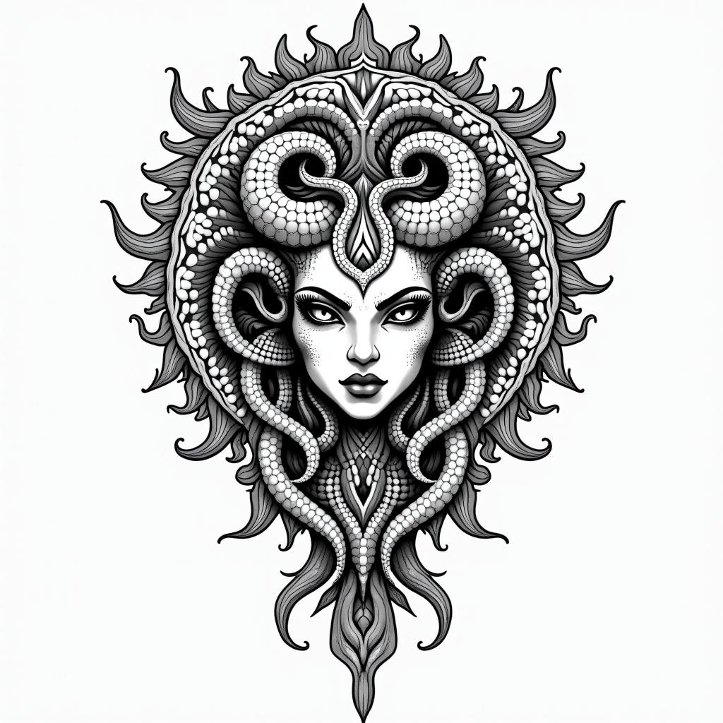 Medusain dotwork style tattoo, complex mandala patterns, interlocking geometric shapes with sharp symmetry, clean lines, sharp angles - Variation 8