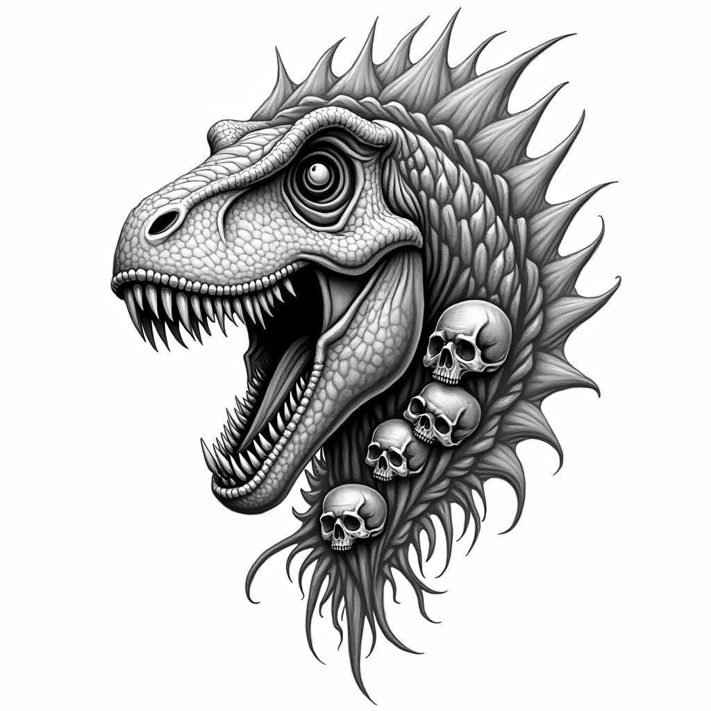 Scary dinosaur with skulls and the name Jaxon in the detailingin bohemian style tattoo, 8k - Variation 1