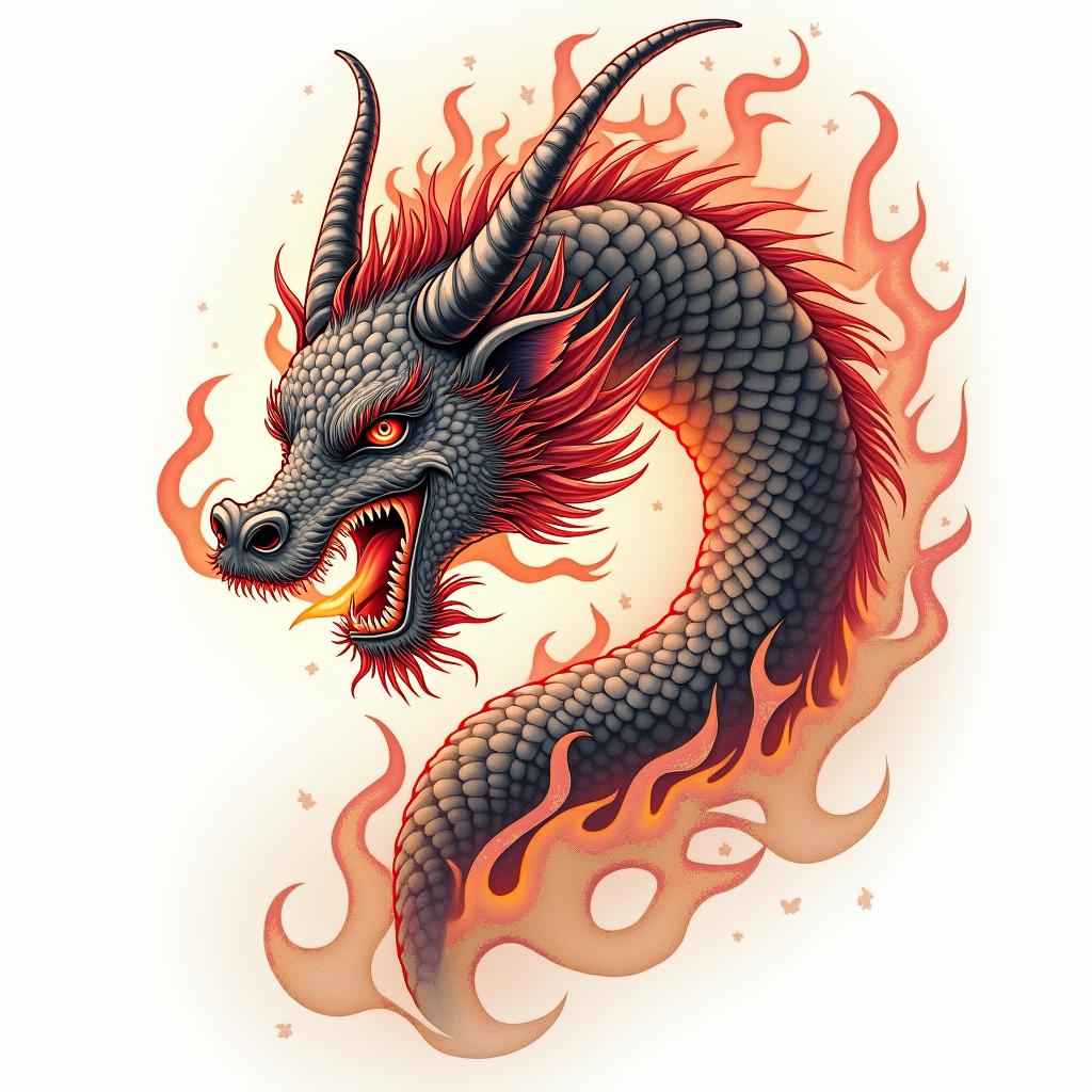 Dragon cow cherry blossomin flame tattoo style showcasing fiery elements with dynamic flame patterns, glowing effect of flames, natural colors - Variation 4