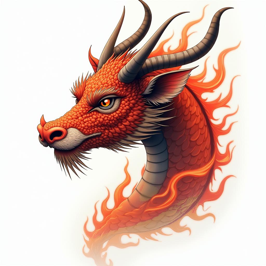 Dragon cow cherry blossomin flame tattoo style showcasing fiery elements with dynamic flame patterns, glowing effect of flames, natural colors - Variation 1
