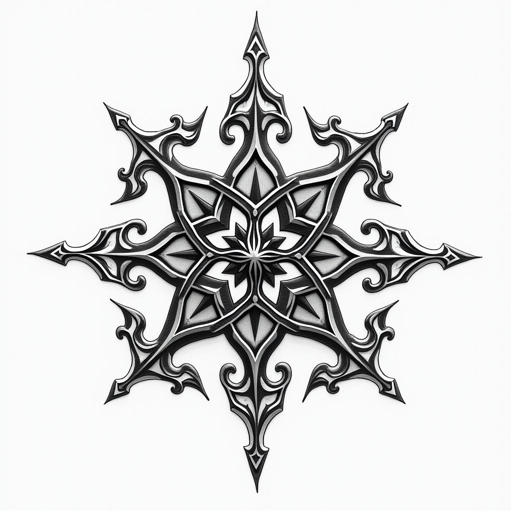 Norse symbols of protection and good luck in geometric style tattoo, blending hexagons, mandala-inspired patterns, symmetrical and fractal design, clean lines, sharp angles - Variation 4