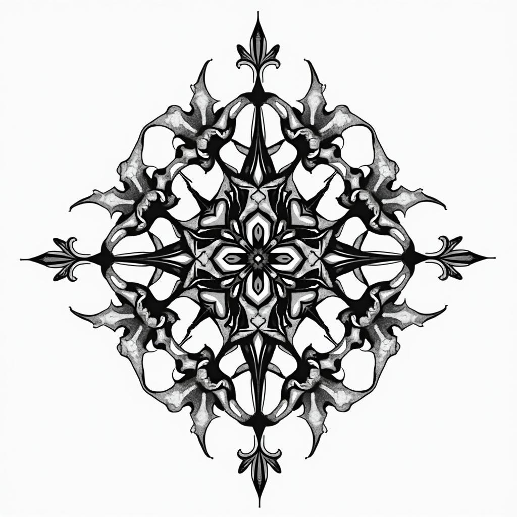 Norse symbols of protection and good luck in geometric style tattoo, blending hexagons, mandala-inspired patterns, symmetrical and fractal design, clean lines, sharp angles - Variation 1