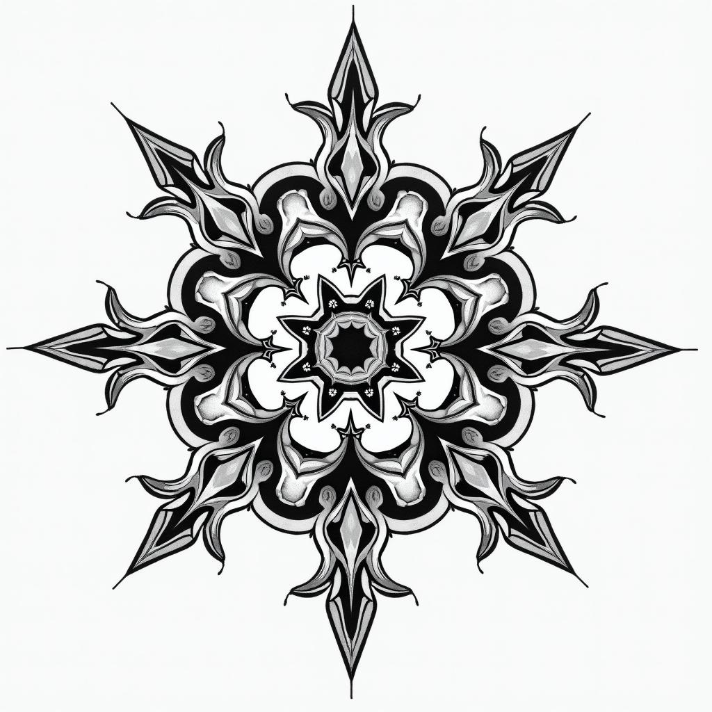 Norse symbols of protection and good luck in geometric style tattoo, blending hexagons, mandala-inspired patterns, symmetrical and fractal design, clean lines, sharp angles - Variation 3