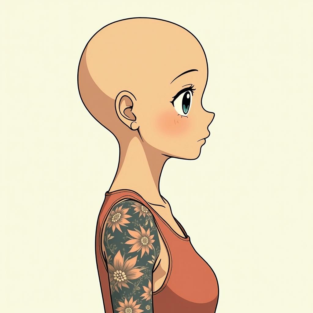 ChelseaGhibli, Studio Ghibli aesthetic, hand-drawn anime style, retro nostalgic atmosphere, retro soft pastel color palette with earthy tones, retro Japanese cinematic shot, yellow tint effect, bald character, smooth surface, anime shadow 90's anime style - Variation 2