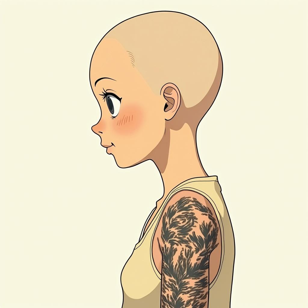 ChelseaGhibli, Studio Ghibli aesthetic, hand-drawn anime style, retro nostalgic atmosphere, retro soft pastel color palette with earthy tones, retro Japanese cinematic shot, yellow tint effect, bald character, smooth surface, anime shadow 90's anime style - Variation 3