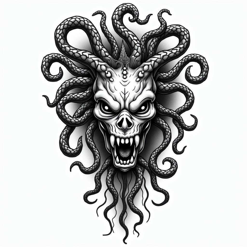 Medusain authentic tattoo style, incorporating traditional modifications, bold black outlines, solid color fills, featuring classic authentic elements - Variation 4