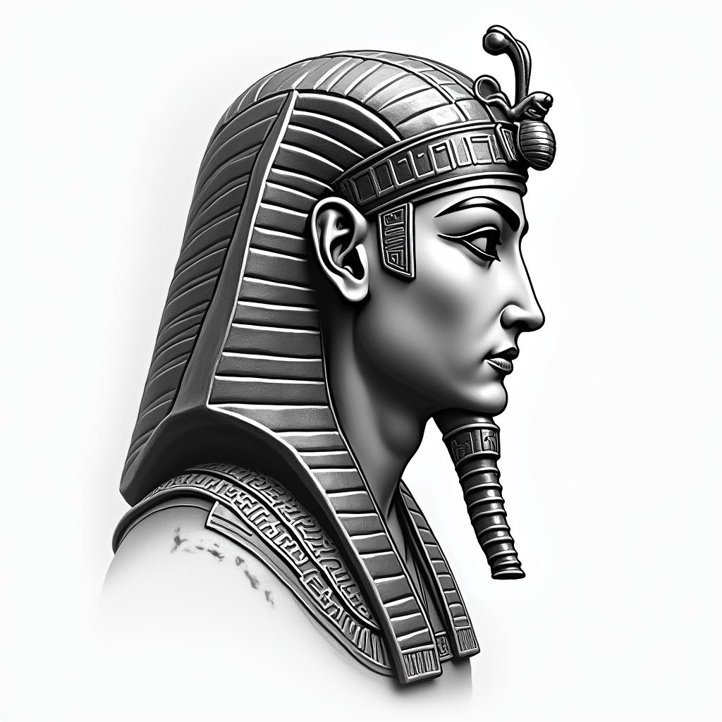 Stoicismin egyptian style tattoo, bold elements of ancient egyptian culture including a portrait of an Egyptian pharaoh with detailed facial features, in hieroglyphs and symbolic imagery, eye of horus, ankh symbol, scarab beetle - Variation 2