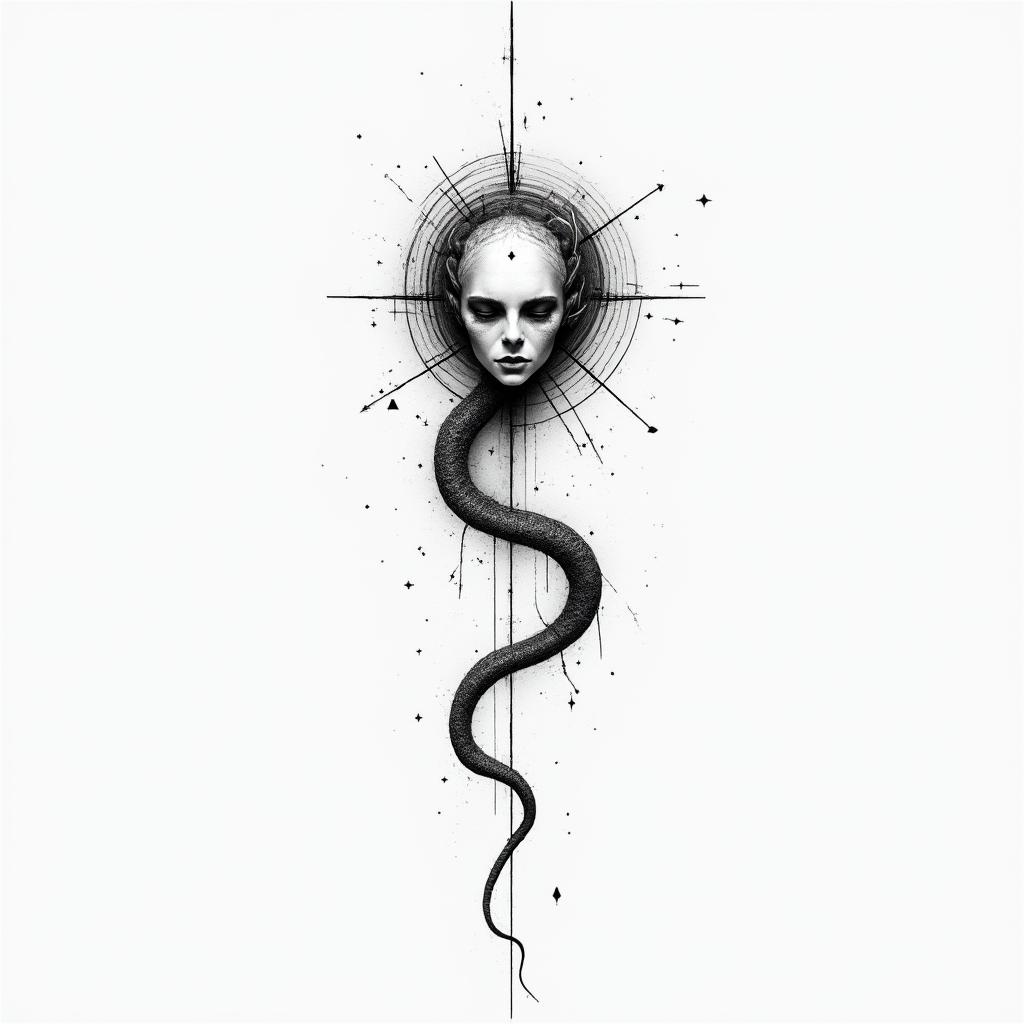 Medusain minimalist style tattoo, featuring simple shapes and fine lines, with minimal shading and details, tiny triangles, creating a sense of balance and harmony