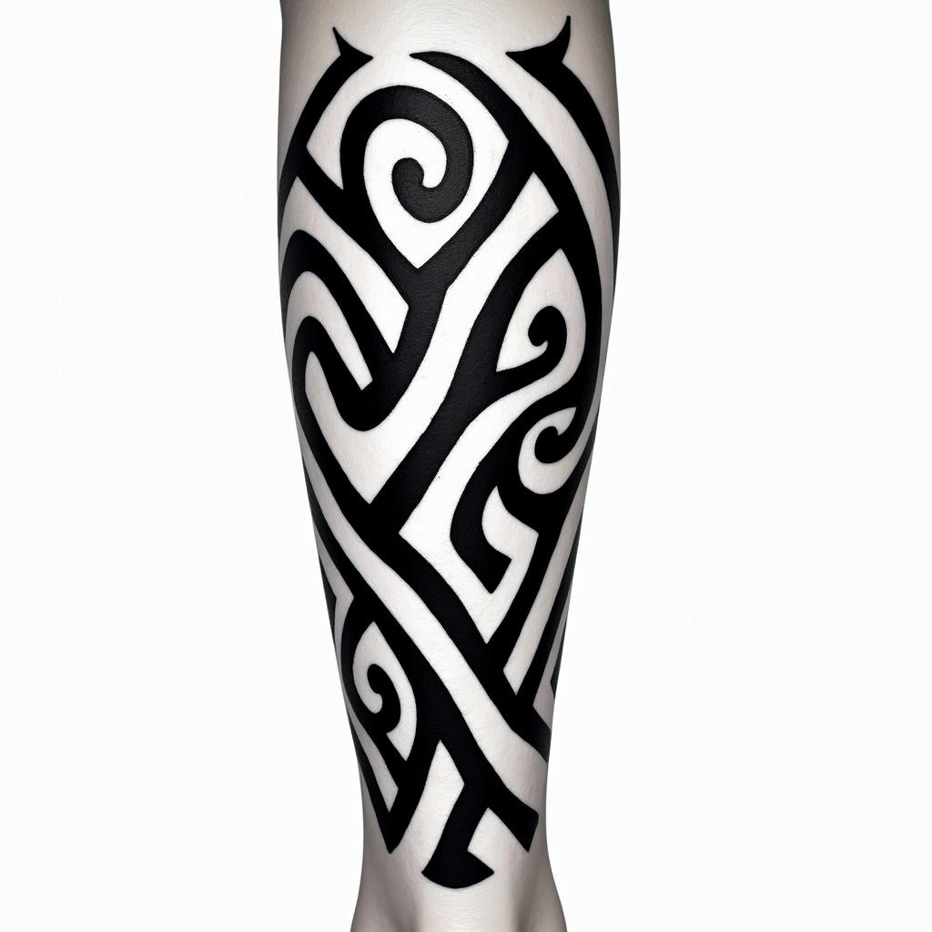 Tattoo for legin tribal tattoo style, featuring bold and black geometric shapes, curved lines, intertwine and flow seamlessly, creating a powerful and symbolic design, polynesian and maori styles