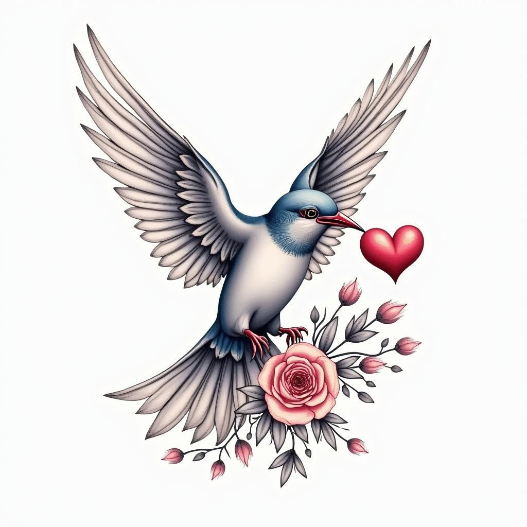 a delicate tattoo design featuring a swallow holding a heart in its claws, symbolizing the protector of travelers and love, surrounded by floral details, in soft shades of blue and pink, poetic and meaningful style.higly detailed tattoo - Variation 3
